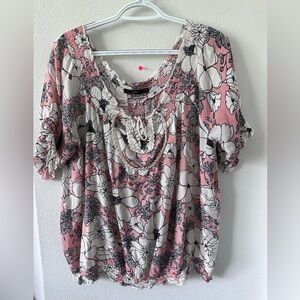 Hazel Gray and Pink Ruffled Short Sleeve Blouse